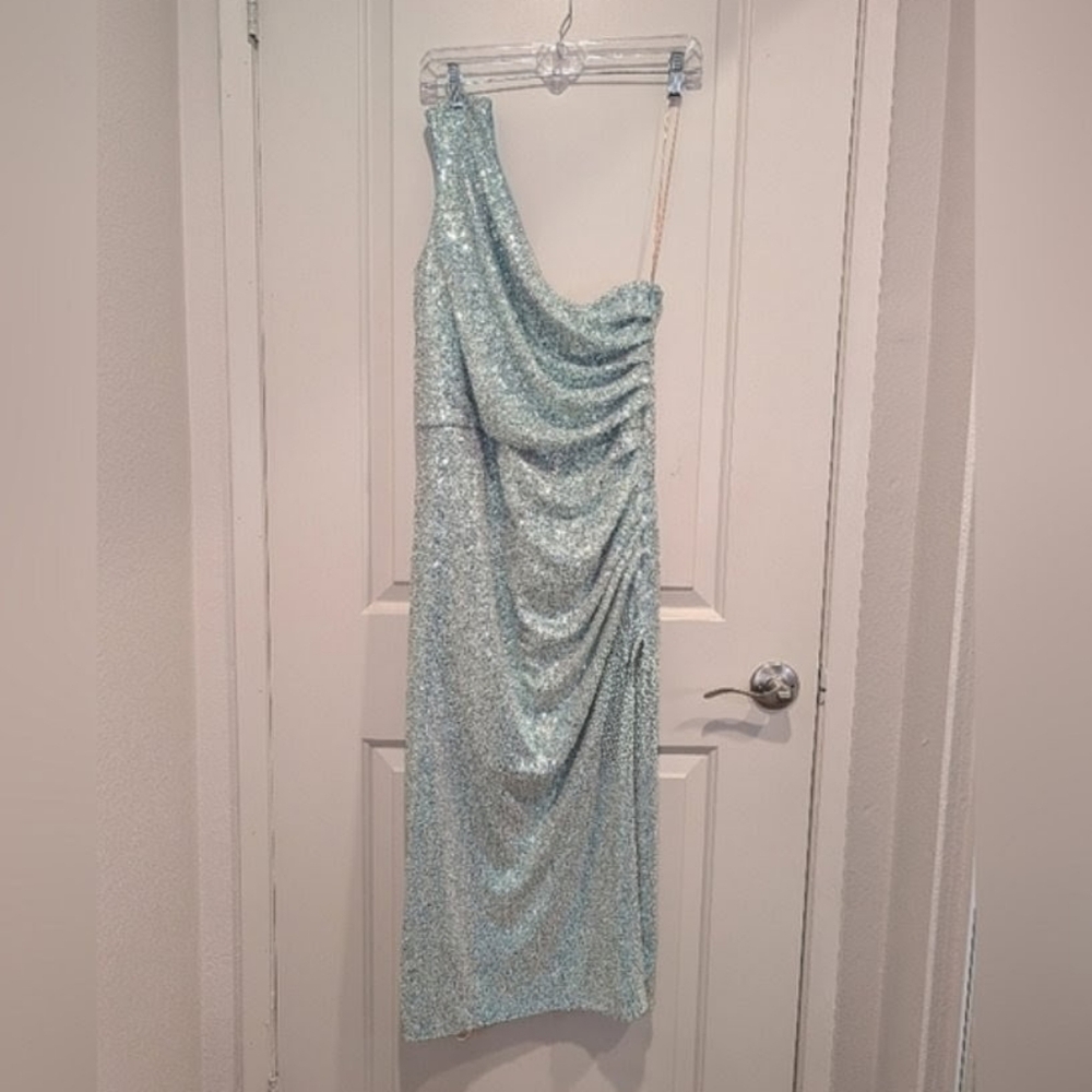 Dress the Population Black Label Martine One-Shoulder Ruched Sequin Blue Dress